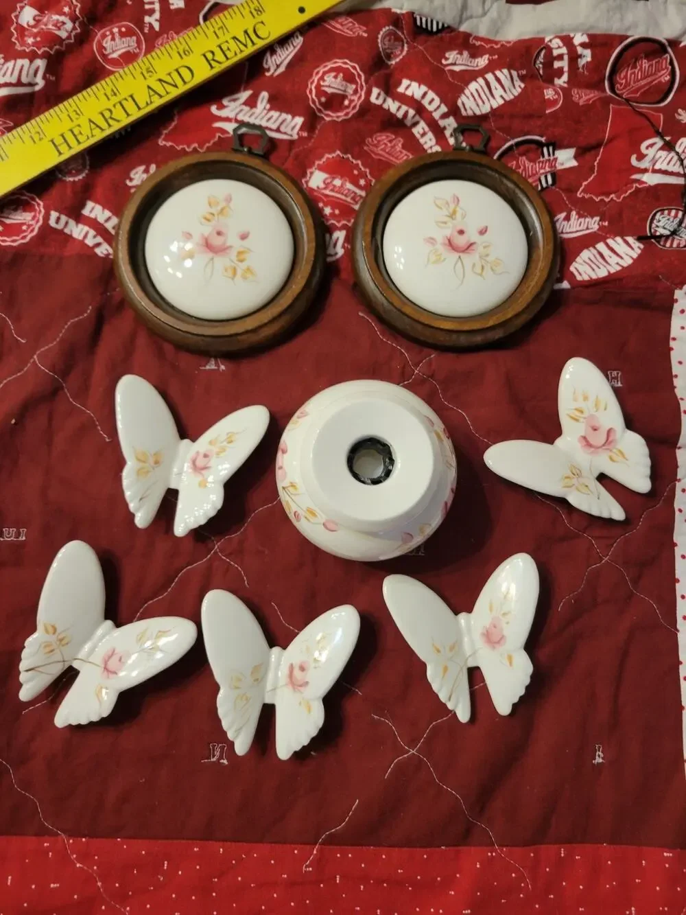 Vintage Porcelain Butterfly Wall Hanging Set & Ceramic Floral Wood Frame Plaque